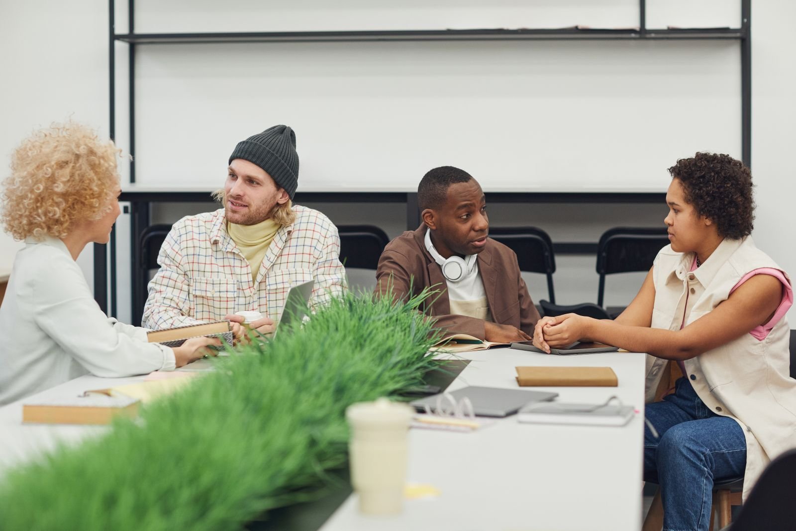 Business professionals discussing strategy in a modern office